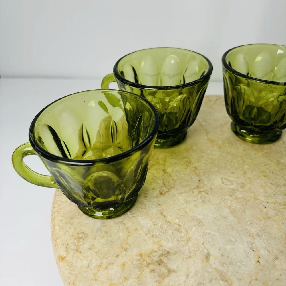 8 Piece Vintage Anchor Hocking Depression Glass Fairfield Green Glass  Snack Set